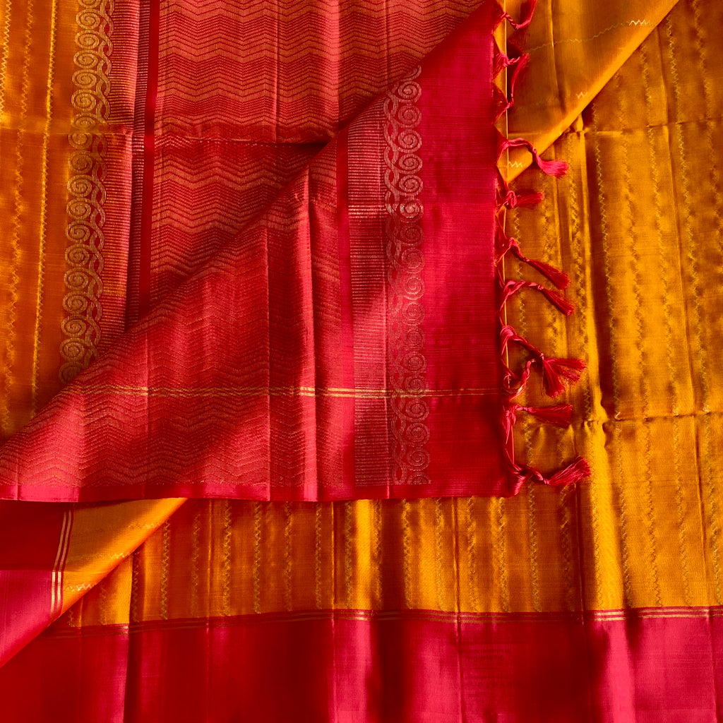 Rani Pink Designer Pure Silk Saree With Saffron Orange Pallu
