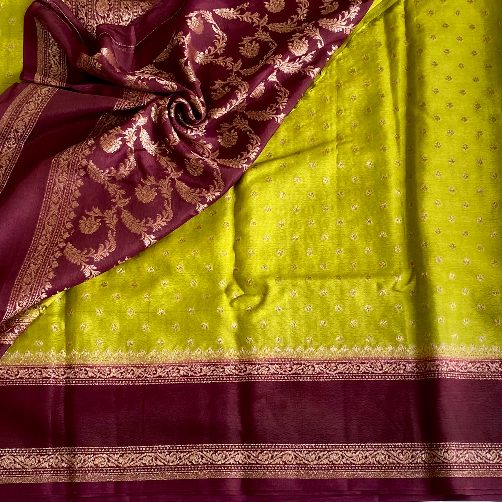 Chartreuse Green Banarasi Crepe Silk Saree With Deep Maroon Pallu