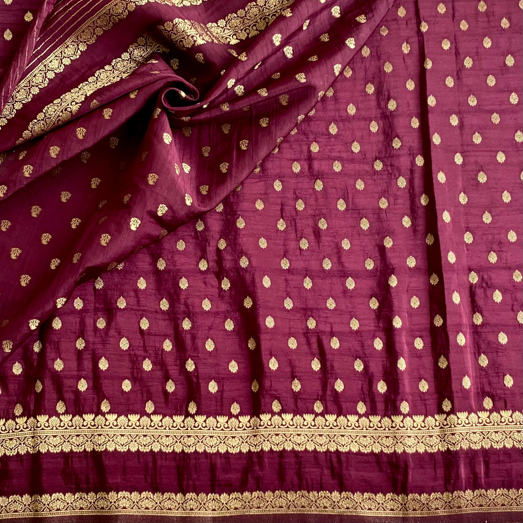 Plum Wine Soft Tussar Silk Saree With Antique Gold Brocade