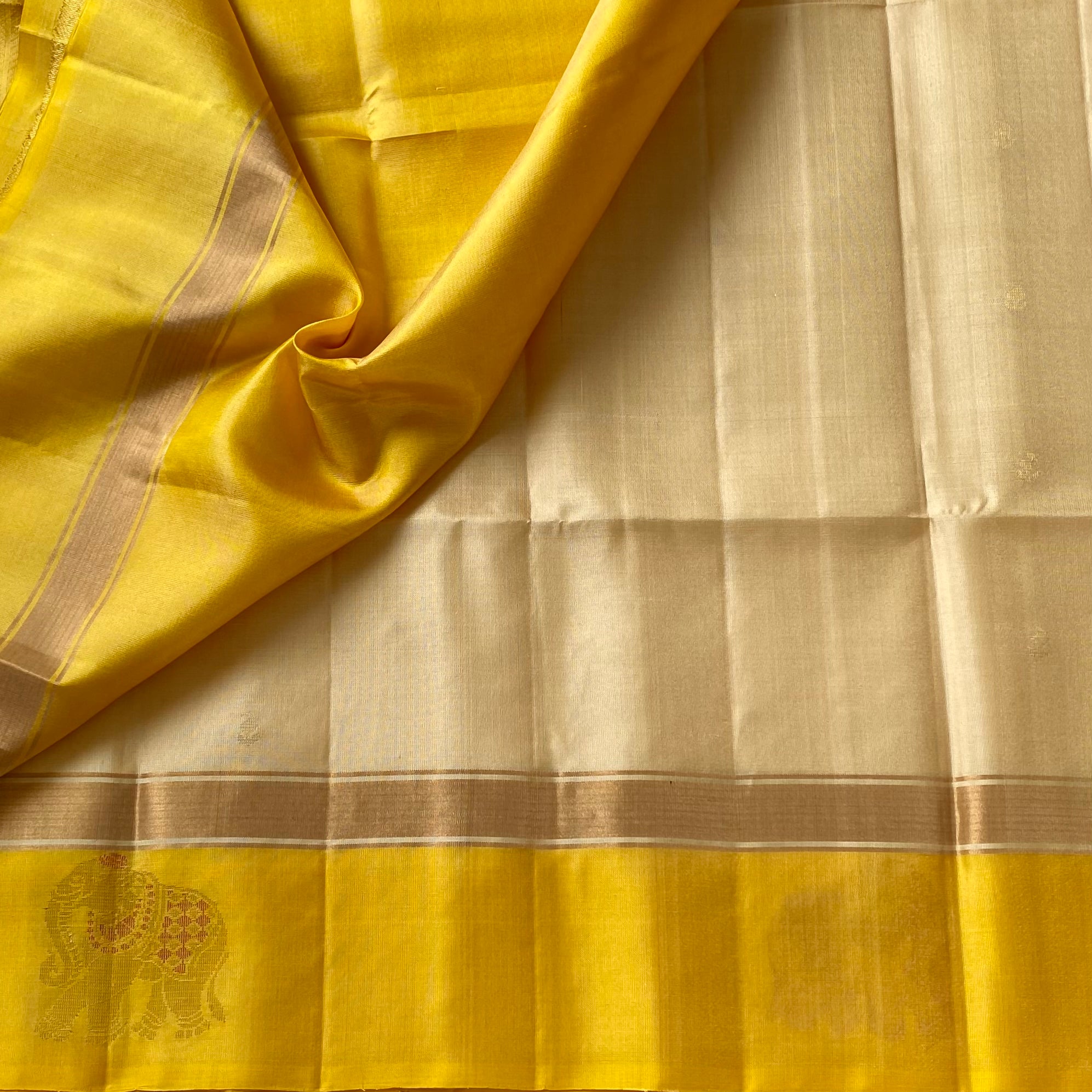 Stunner beige with lemon, yellow designer, handwoven, pure silk with elephant buttas