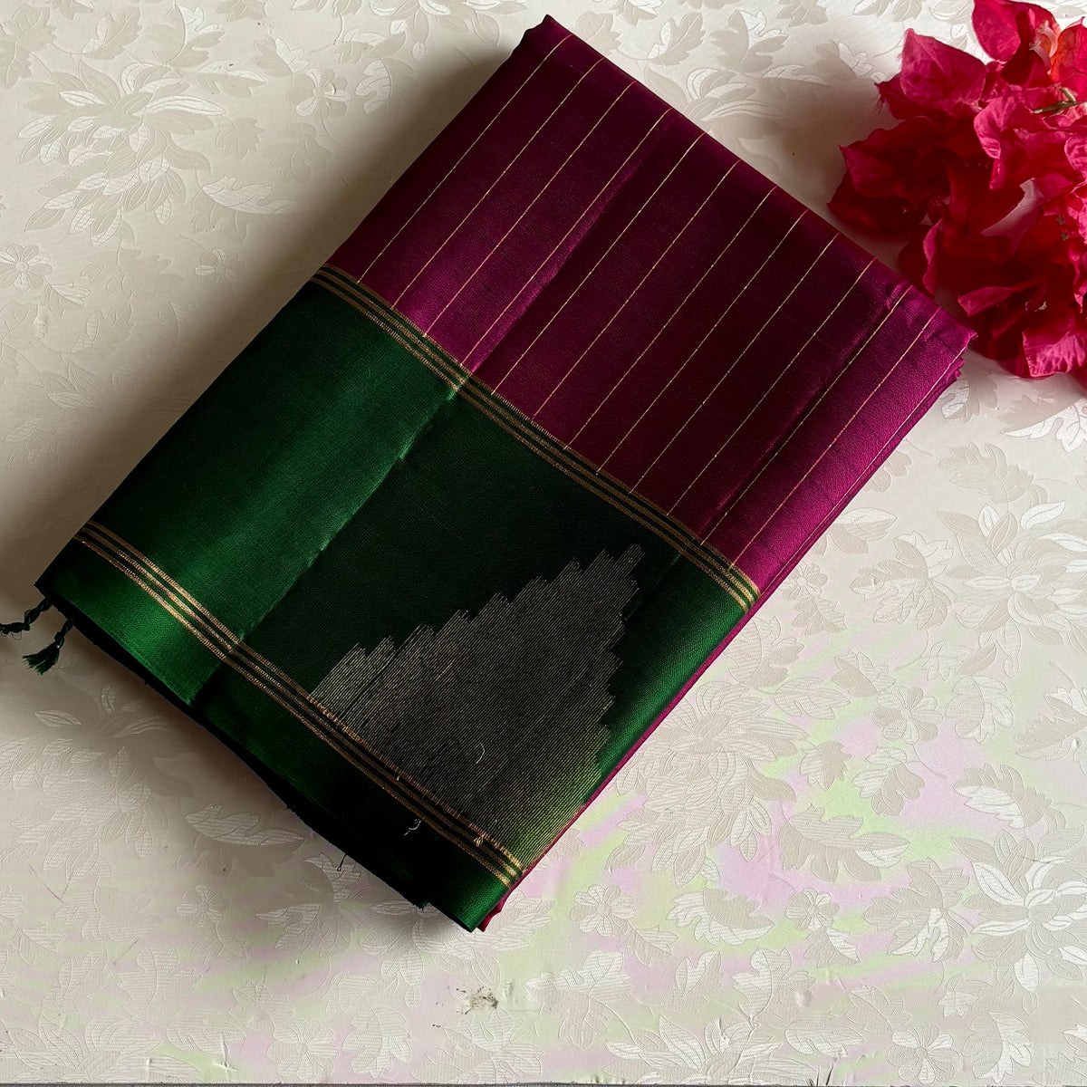 Magenta Designer Pure Silk Saree With Emerald Green Pallu