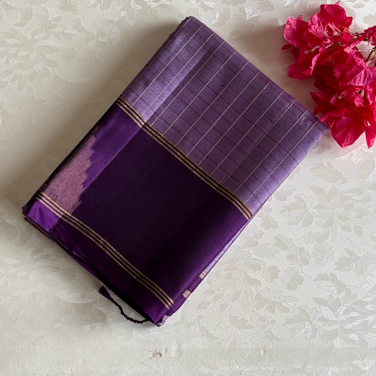 Mauve Lavender & Royal Purple Designer Pure Silk Saree Temple Zari