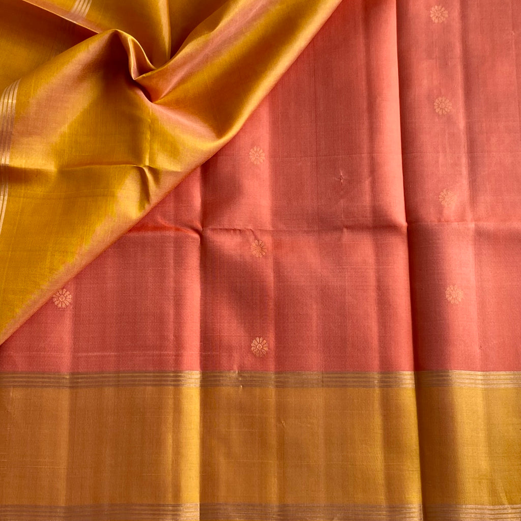 Coral Peach Designer Pure Silk Saree With Mustard Gold Border