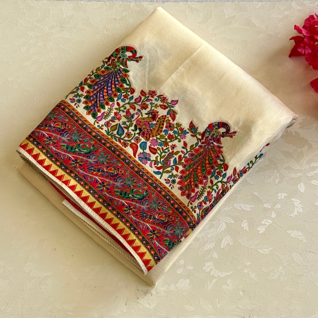 Traditional Ivory Silk Floral Paisley Embroidered Saree Gold Thread Border