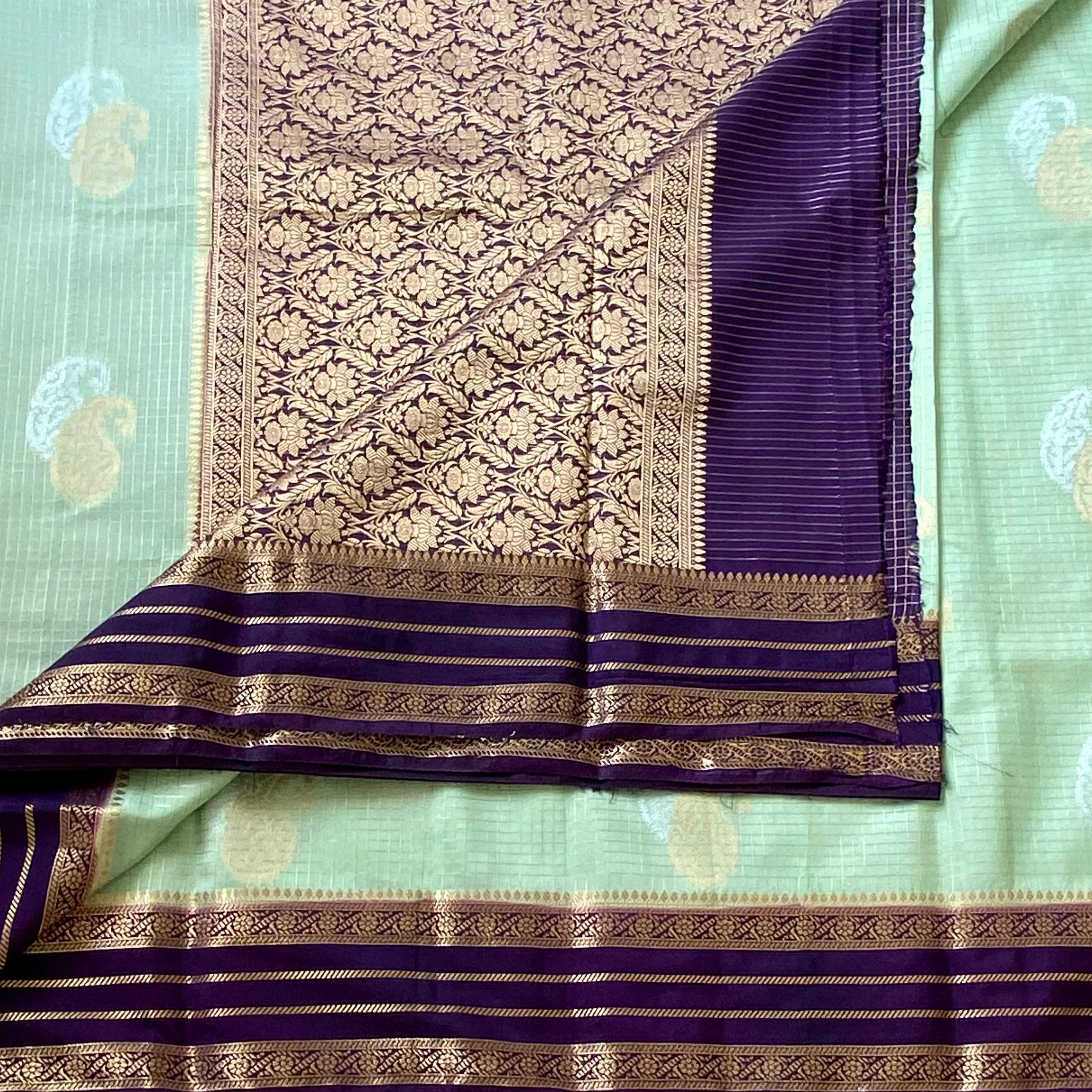 Mint Green Silk Saree with Deep Violet Gold Brocade Pallu