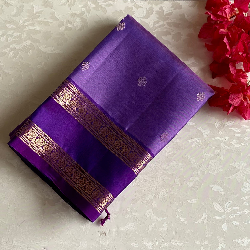 Amethyst Purple Designer Pure Silk Saree With Kollam Buttas and Antique Gold Accents