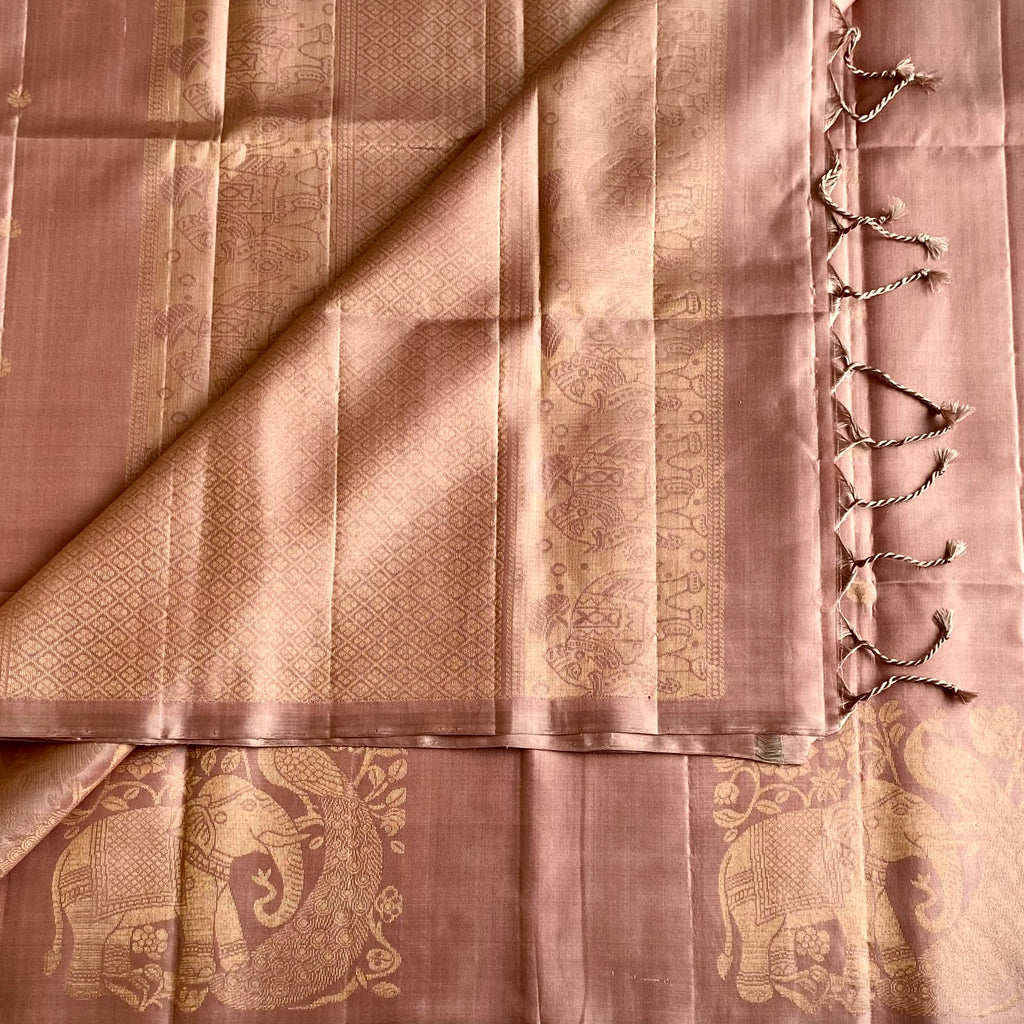 Dusty Rose Designer Pure Silk Saree With Antique Gold Woven Border
