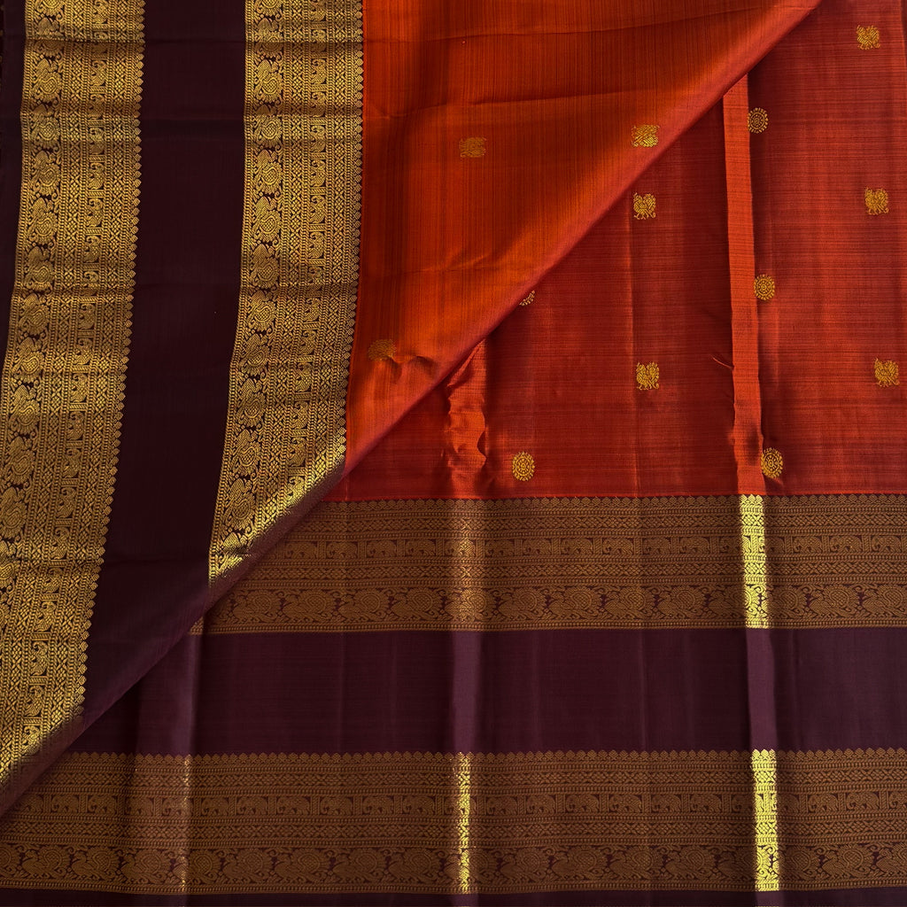 Burnt Orange Maroon Silk Saree With Gold Brocade Traditional Border