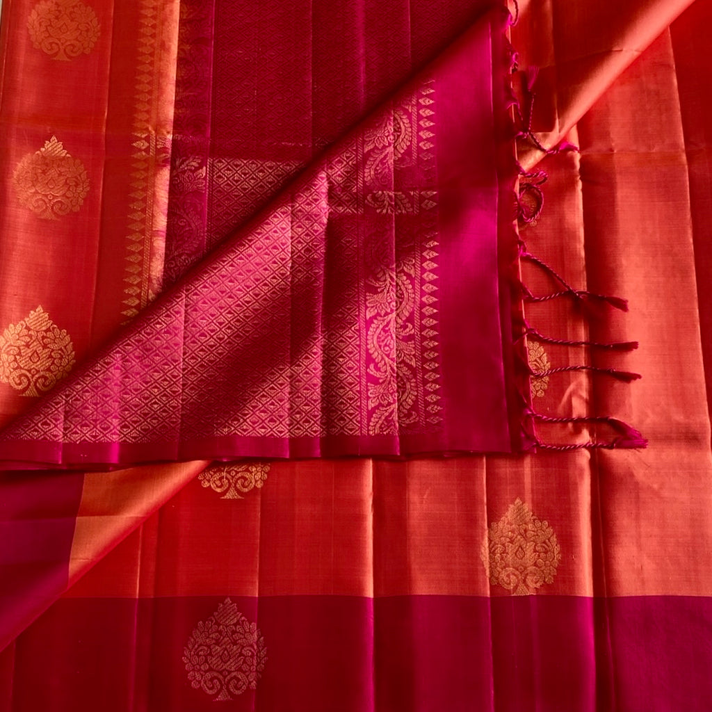 Kanakambari Orange Designer Pure Silk With Rani Pink Pallu