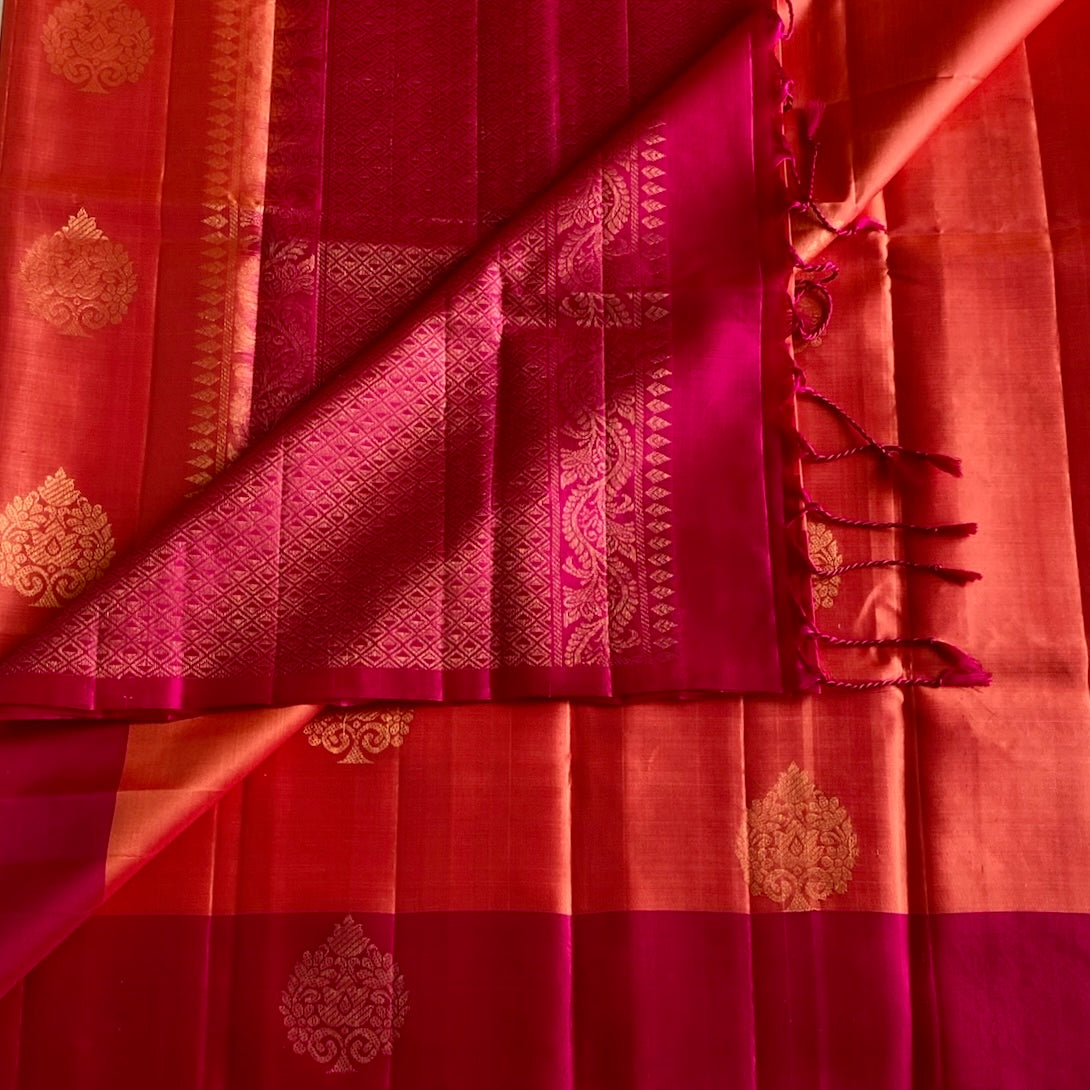 Kanakambari Orange Designer Pure Silk With Rani Pink Pallu