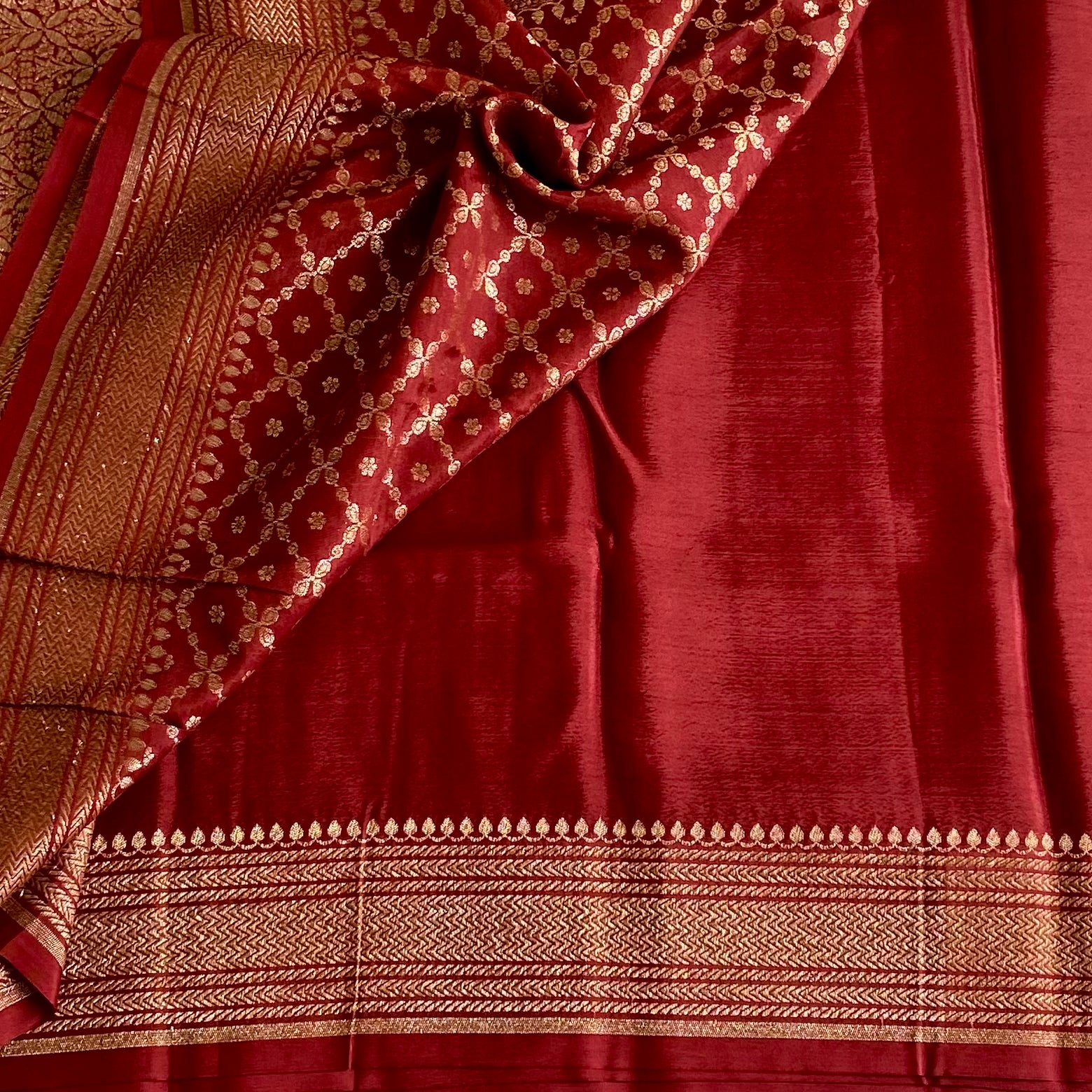 Deep Maroon Banarasi Crepe Silk Saree With Antique Gold Brocade