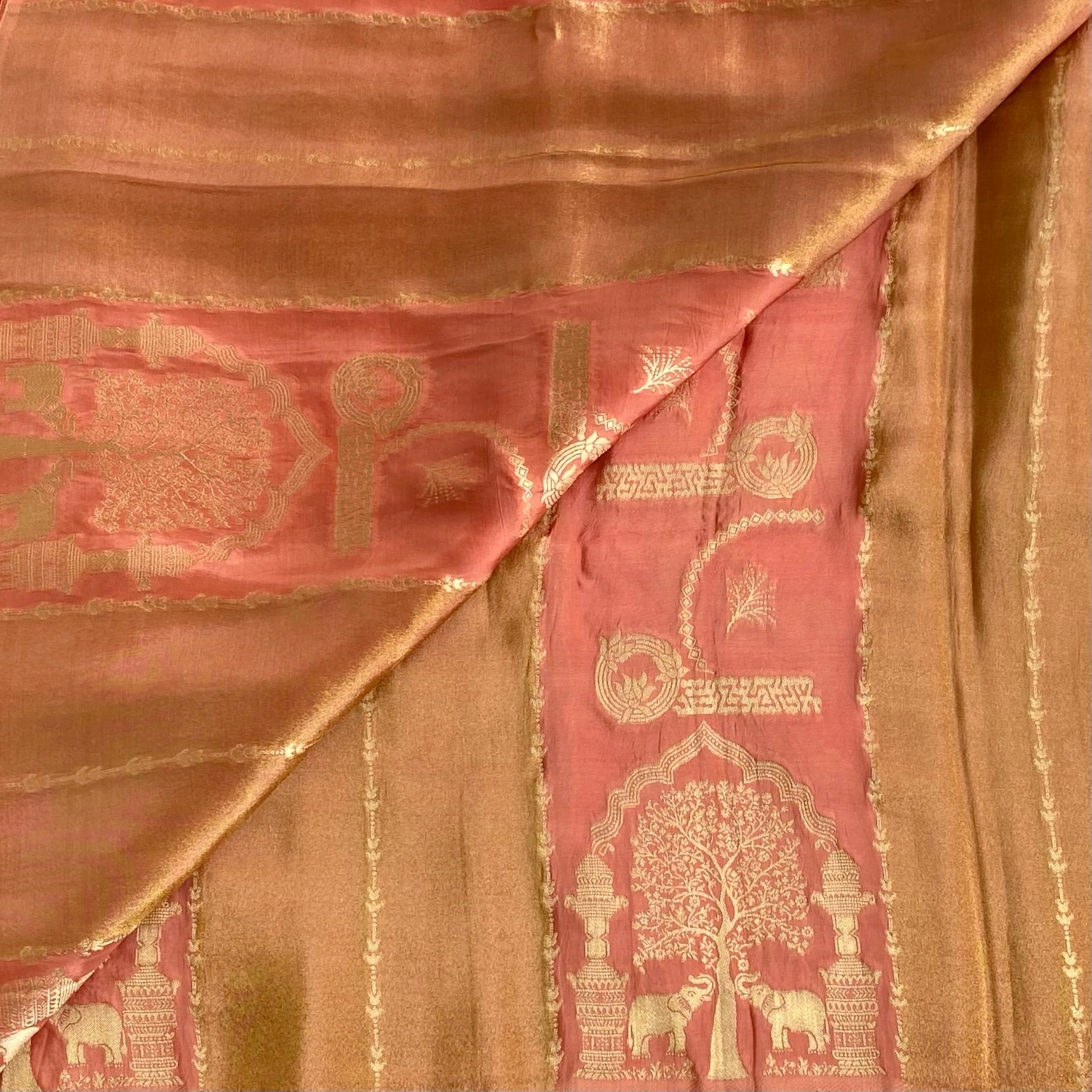 Pastel Rust Orange And Peach Soft Tussar Silk Saree With Antique Gold Zari Work