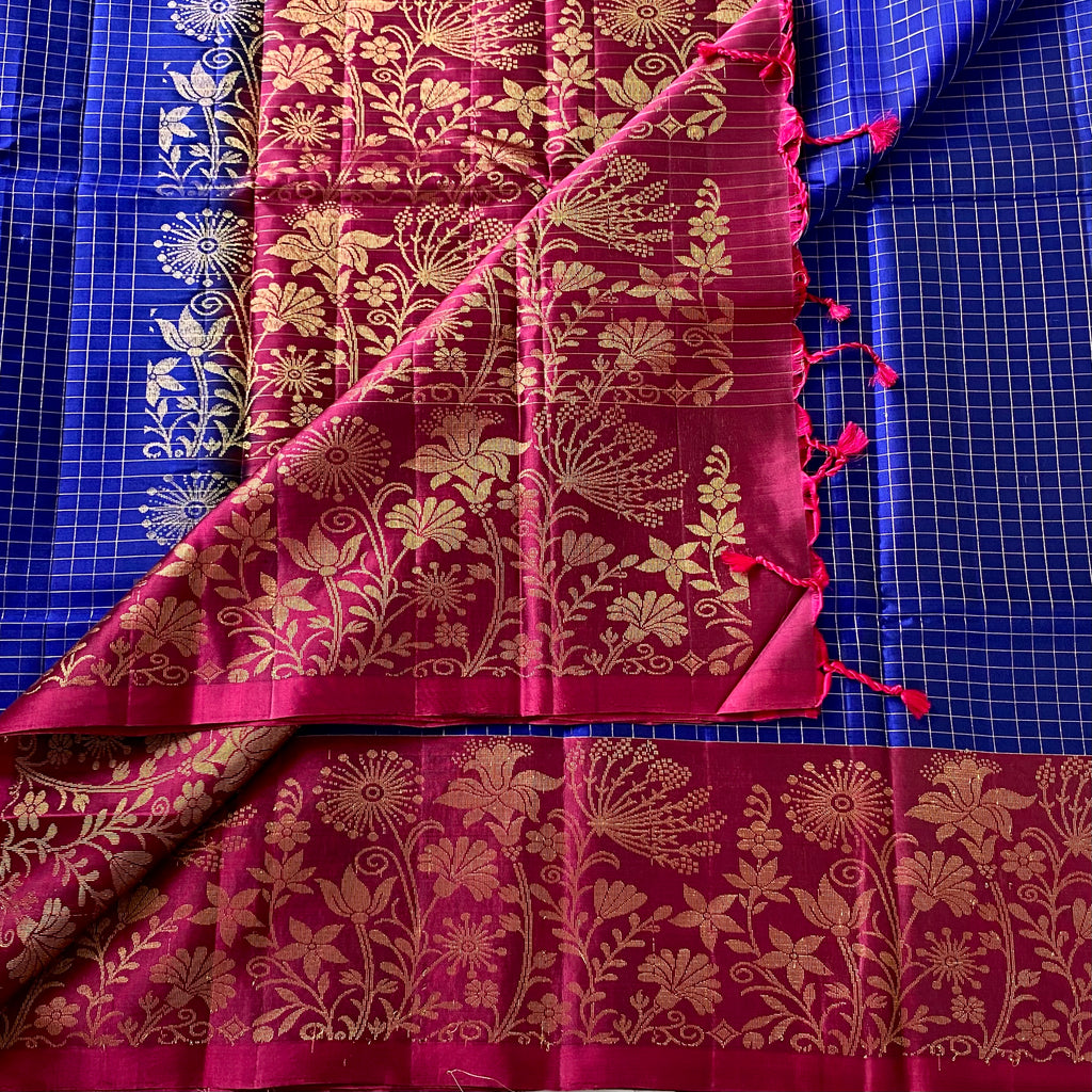 Magenta Gold Brocade Silk Saree With Cobalt Blue Checked Body