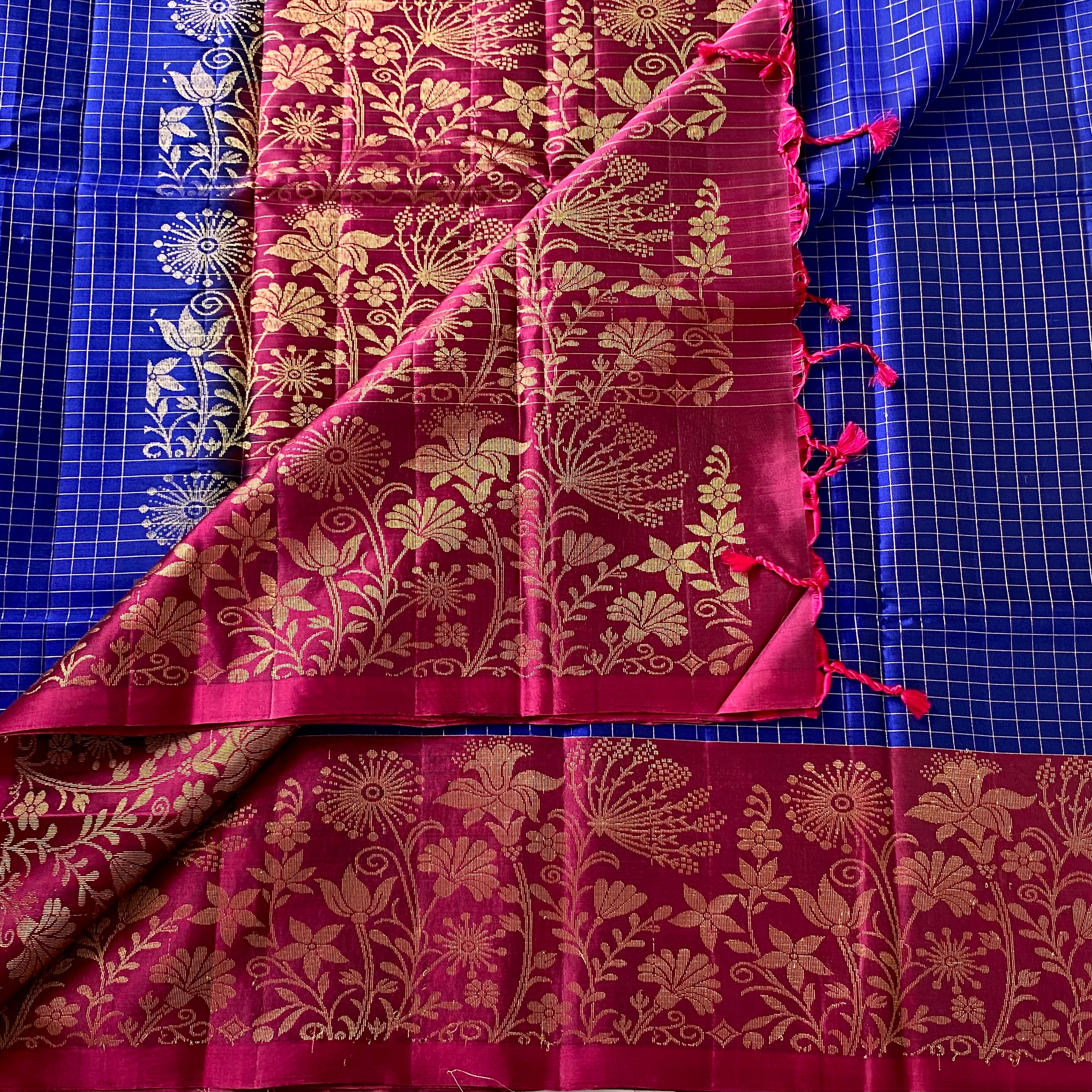 Magenta Gold Brocade Silk Saree With Cobalt Blue Checked Body