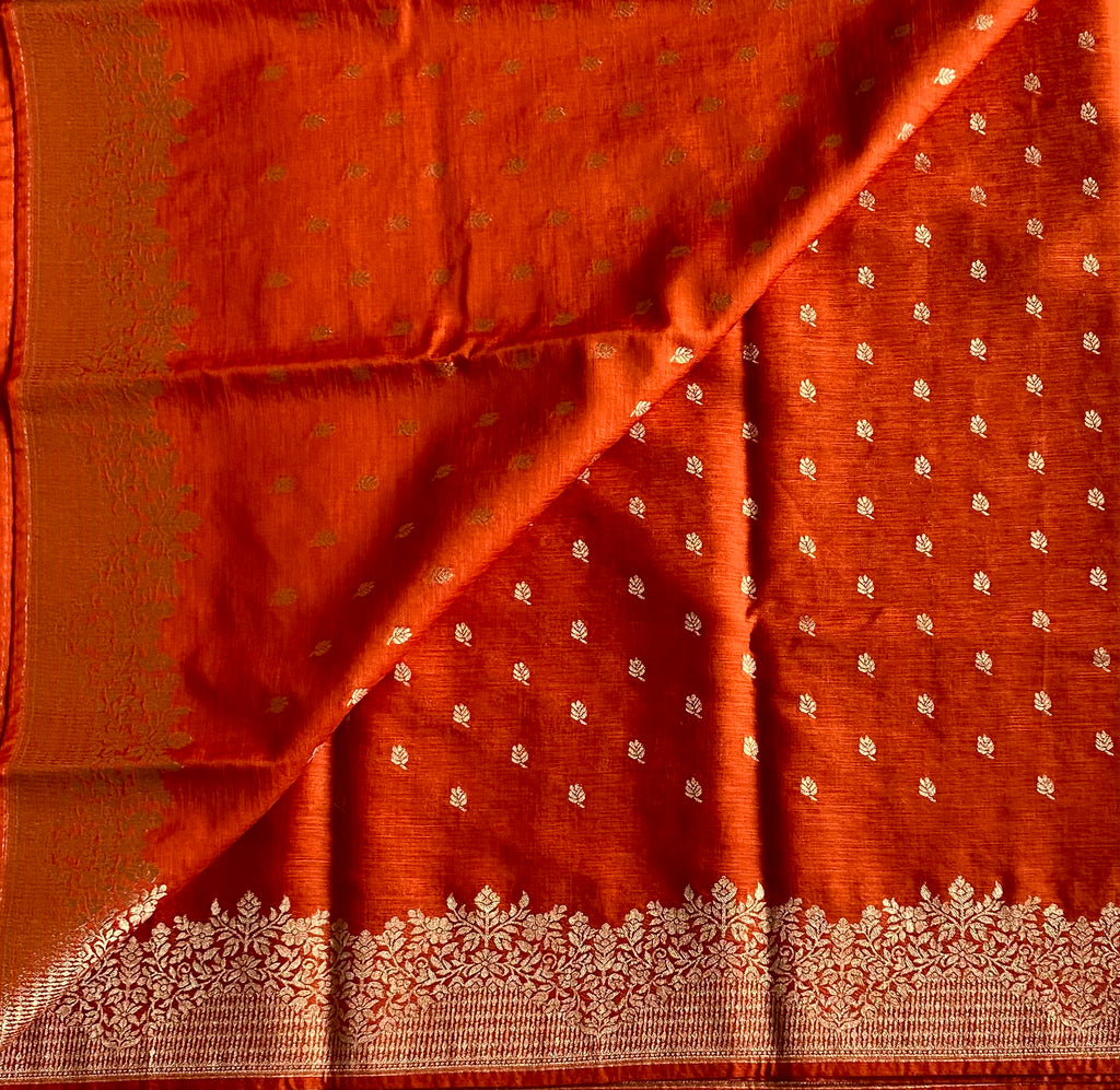 Burnt Orange designer soft tussar with antique gold zari weave