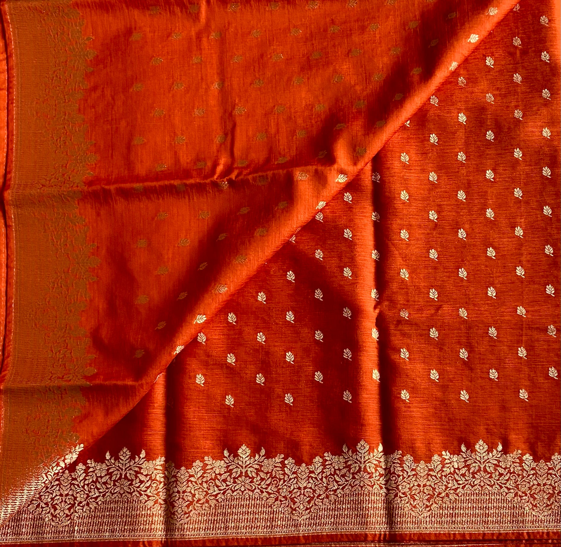Burnt Orange designer soft tussar with antique gold zari weave