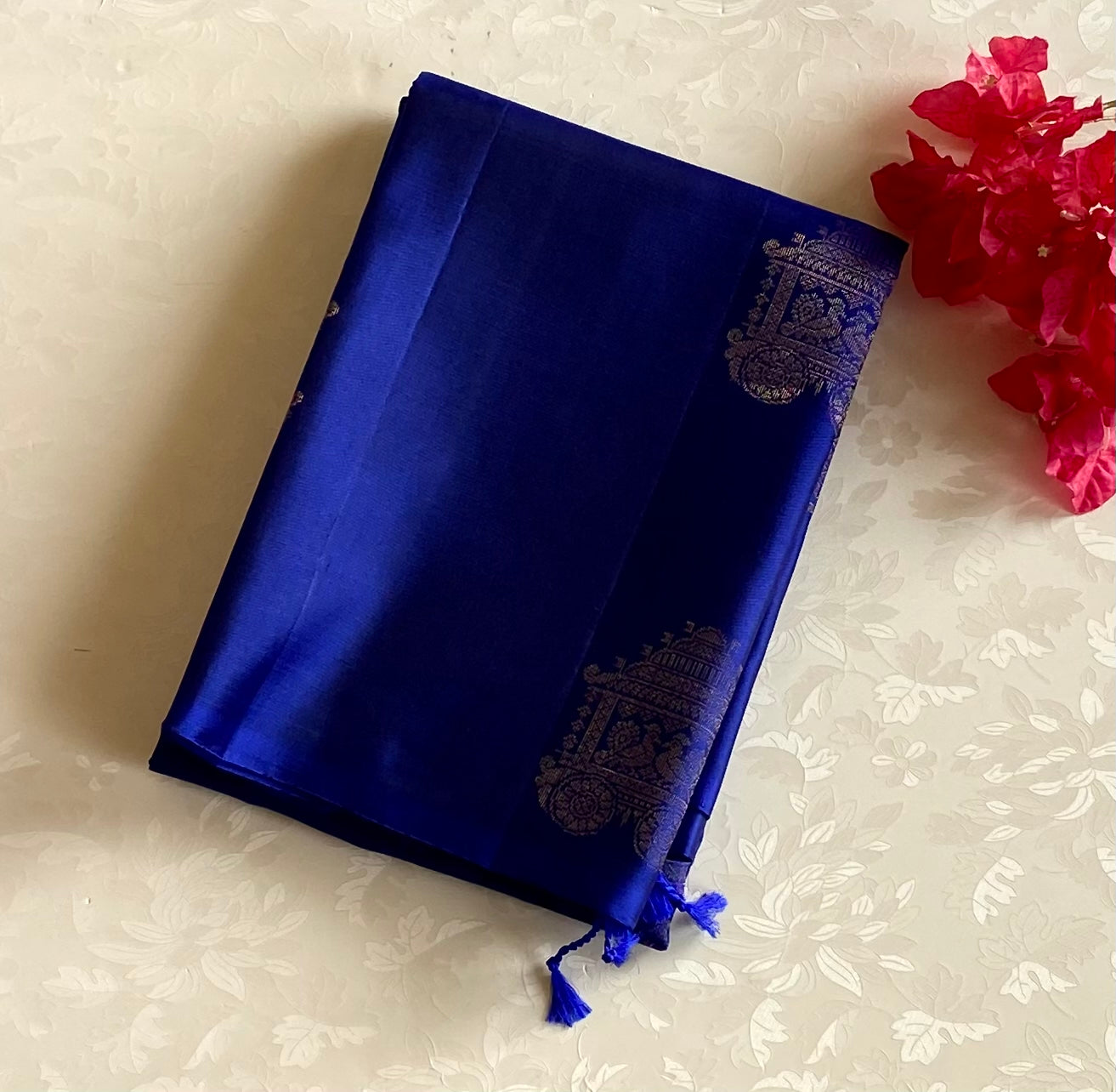 Cobalt Blue Banarasi Silk Saree Copper Gold Brocade Temple Motifs