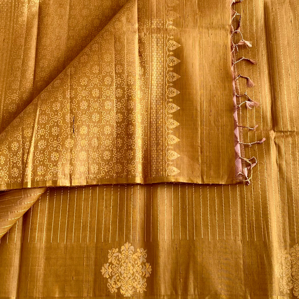Classy Honey Gold Handwoven Pure Raw silk With Contrast Dusty Pink Blouse