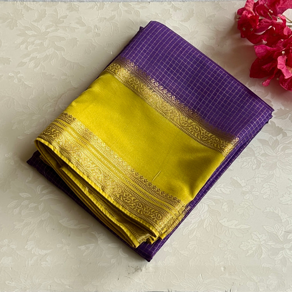 Purple line green checkered soft crepe silk with double borders