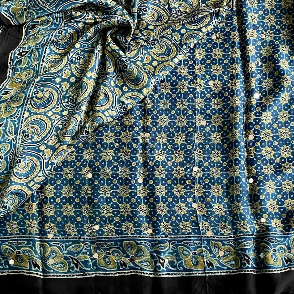 Denim Blue Ajrakh Handblock Printed Silk with Mirror Handwork With Jet Black Border
