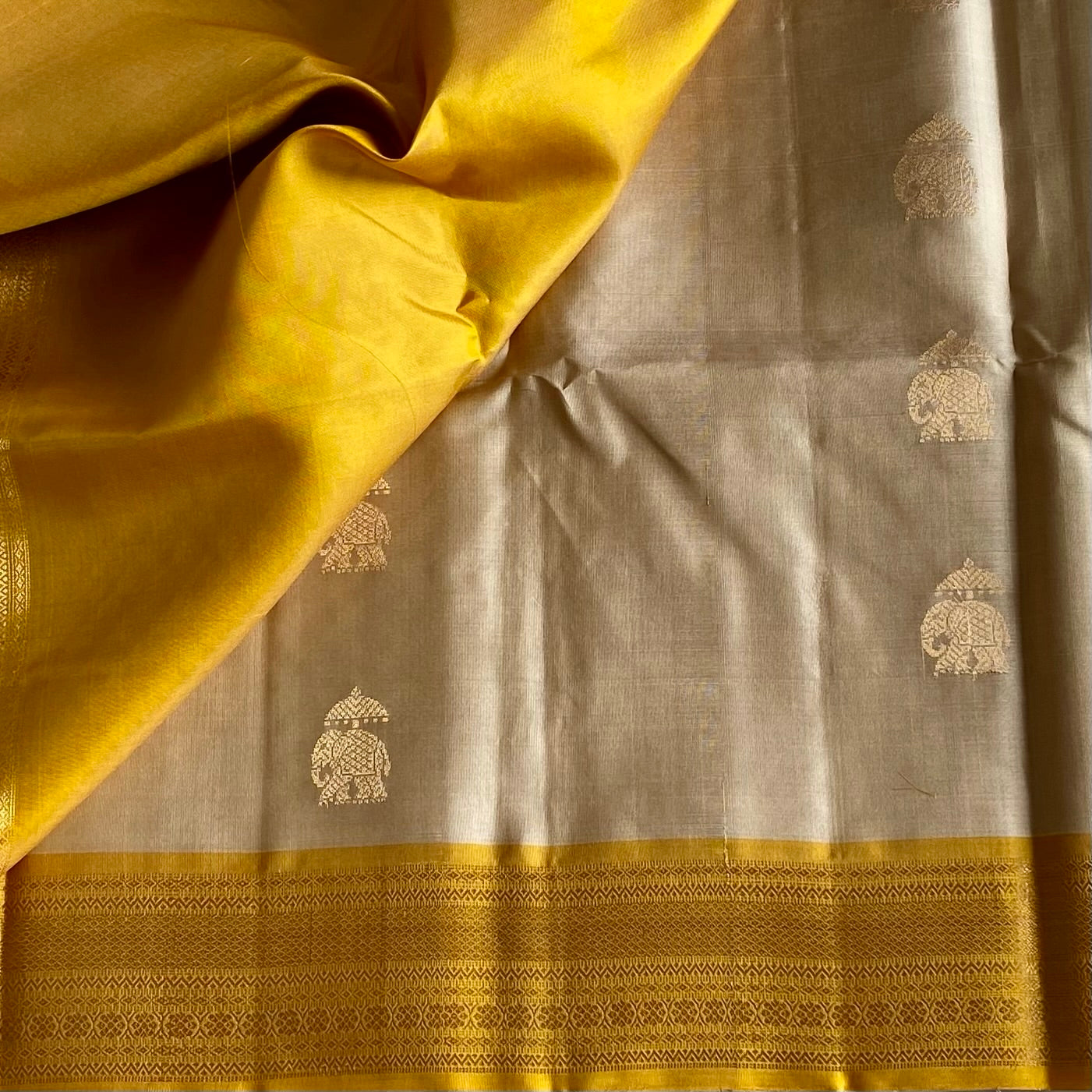 Champagne Beige Designer Pure Silk with Magical mango yellow Contrast