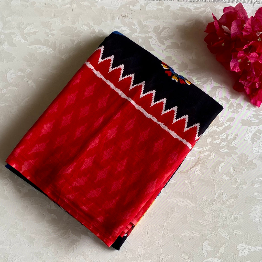 Scarlet Ikat Saree Black Pallu Elephant Motifs White Zigzag Border