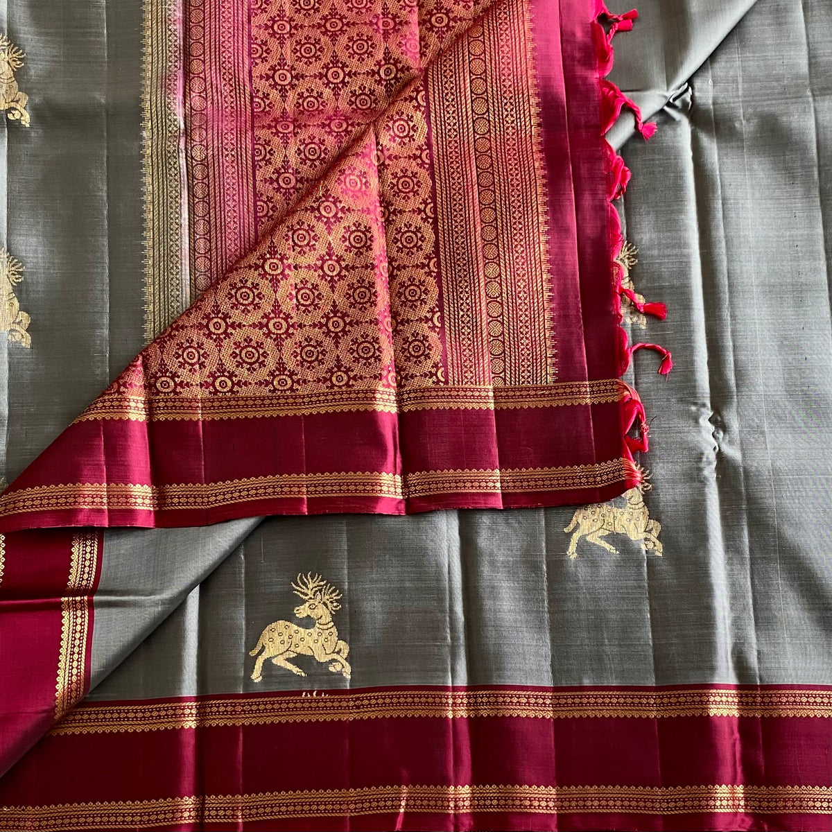 Slate Gray Designer Pure Silk Saree With Deep Magenta Pallu
