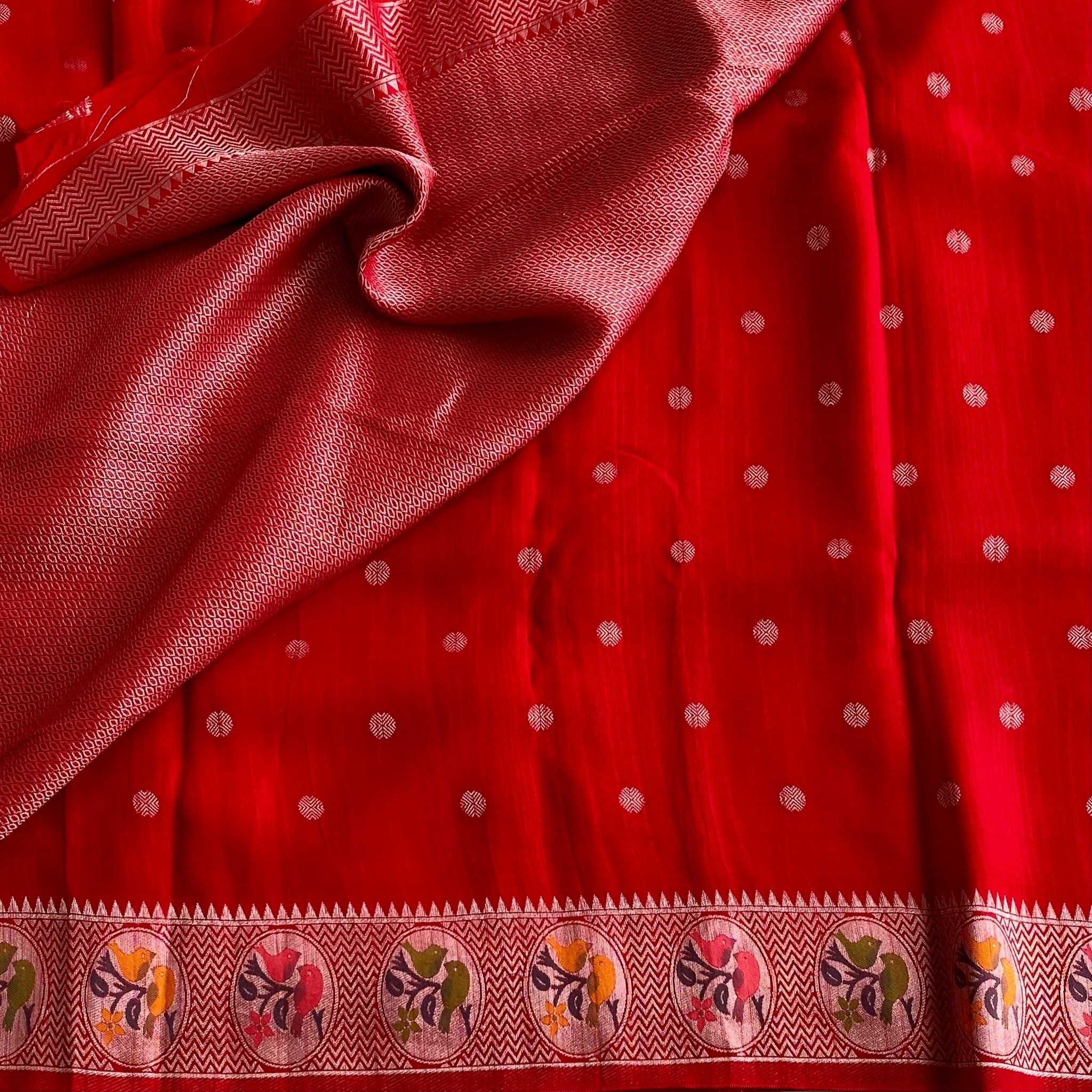 Scarlet Red Soft Tussar Silk Saree Mustard Yellow Border Silver Pallu