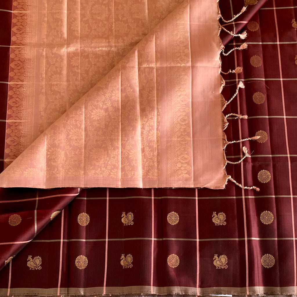 Burgundy Designer Pure Silk Saree With Dusty Rose Pallu And Gold Buttas