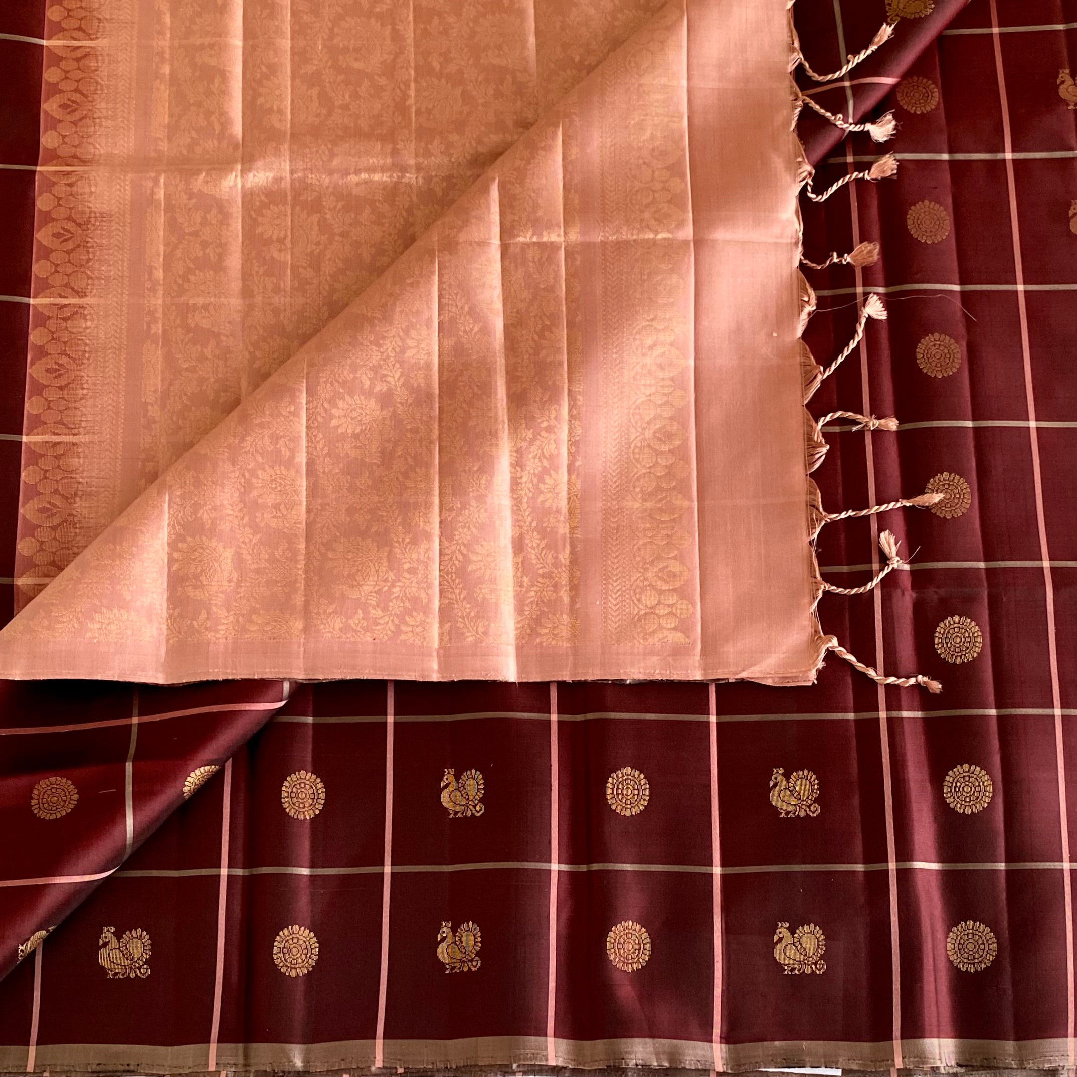 Burgundy Designer Pure Silk Saree With Dusty Rose Pallu And Gold Buttas