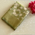 Olive Green Brocade Saree Gold Leaf Tassel Pallu Woven Traditional
