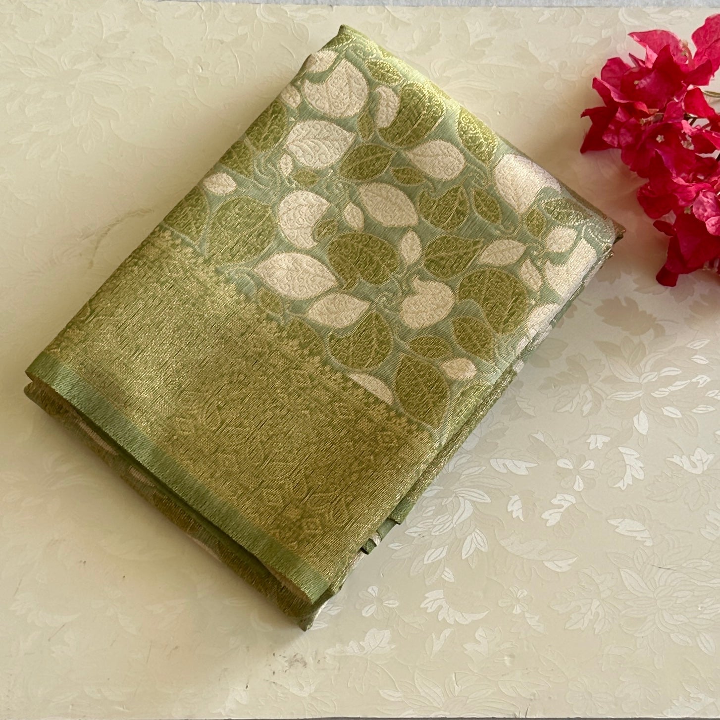 Olive Green Brocade Saree Gold Leaf Tassel Pallu Woven Traditional