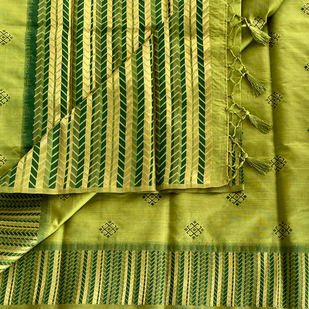 Lime Green Silk Saree Gold Chevron Pallu Tassel Border Traditional