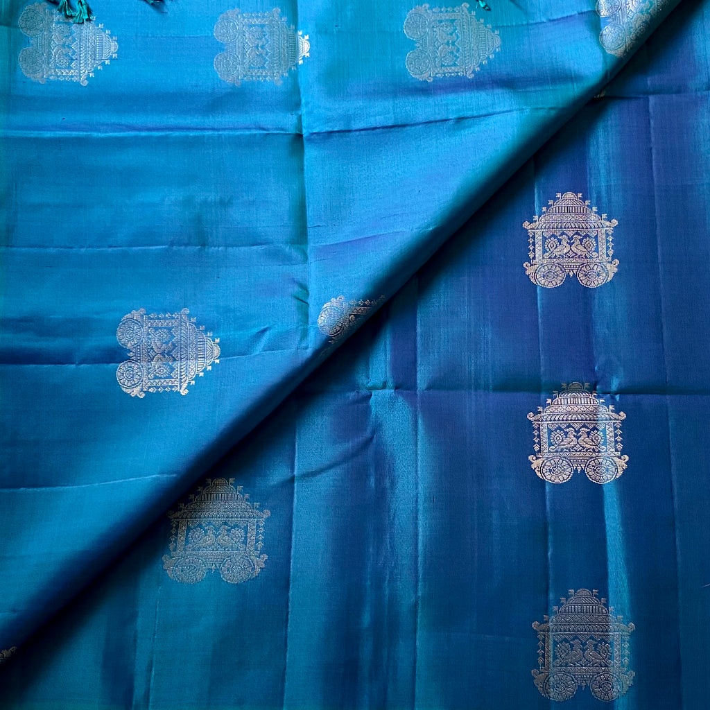 Peacock Blue Silk Brocade Saree Antique Gold Temple Motif