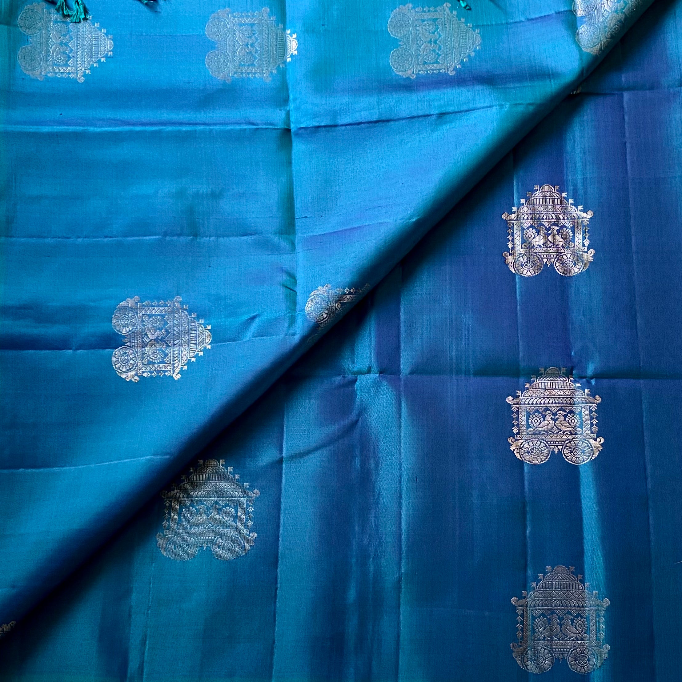 Peacock Blue Silk Brocade Saree Antique Gold Temple Motif