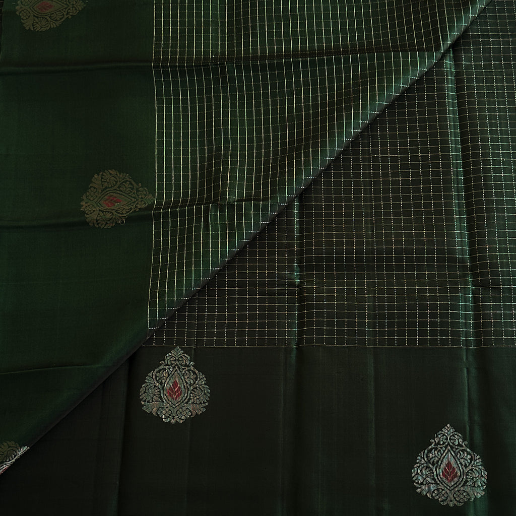 Deep Emerald Silk Saree Silver Zari Paisley Butta Checked Pallu