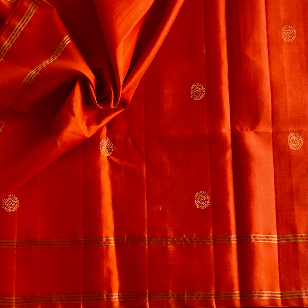 Vermilion Orange Designer Pure Silk Saree With Gold Brocade Pallu
