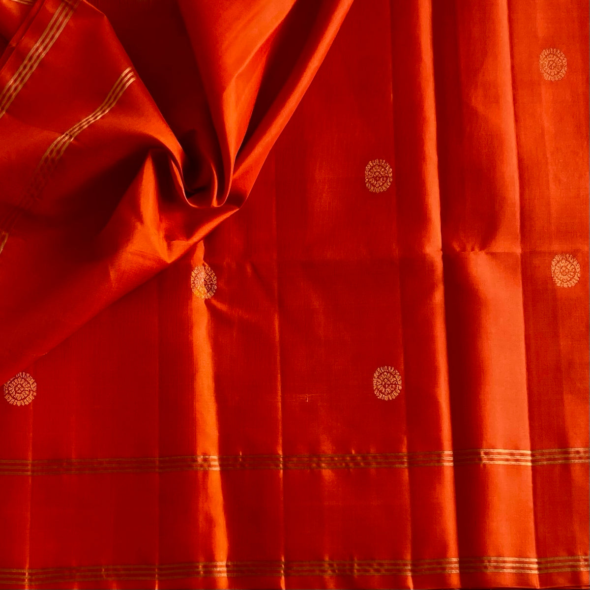 Vermilion Orange Designer Pure Silk Saree With Gold Brocade Pallu