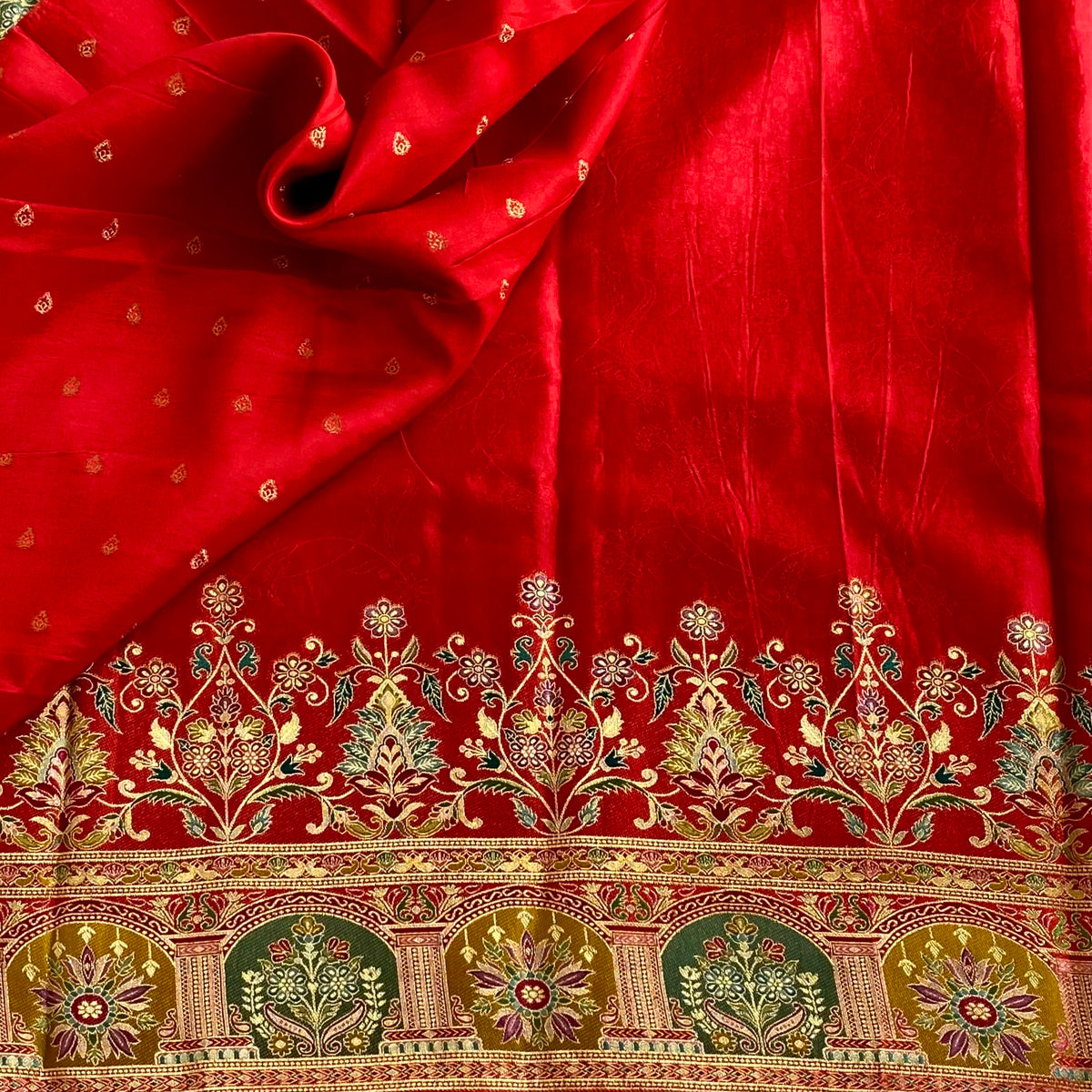 Crimson Red Meenakari Soft Tussar Silk Saree With Olive Green Motifs