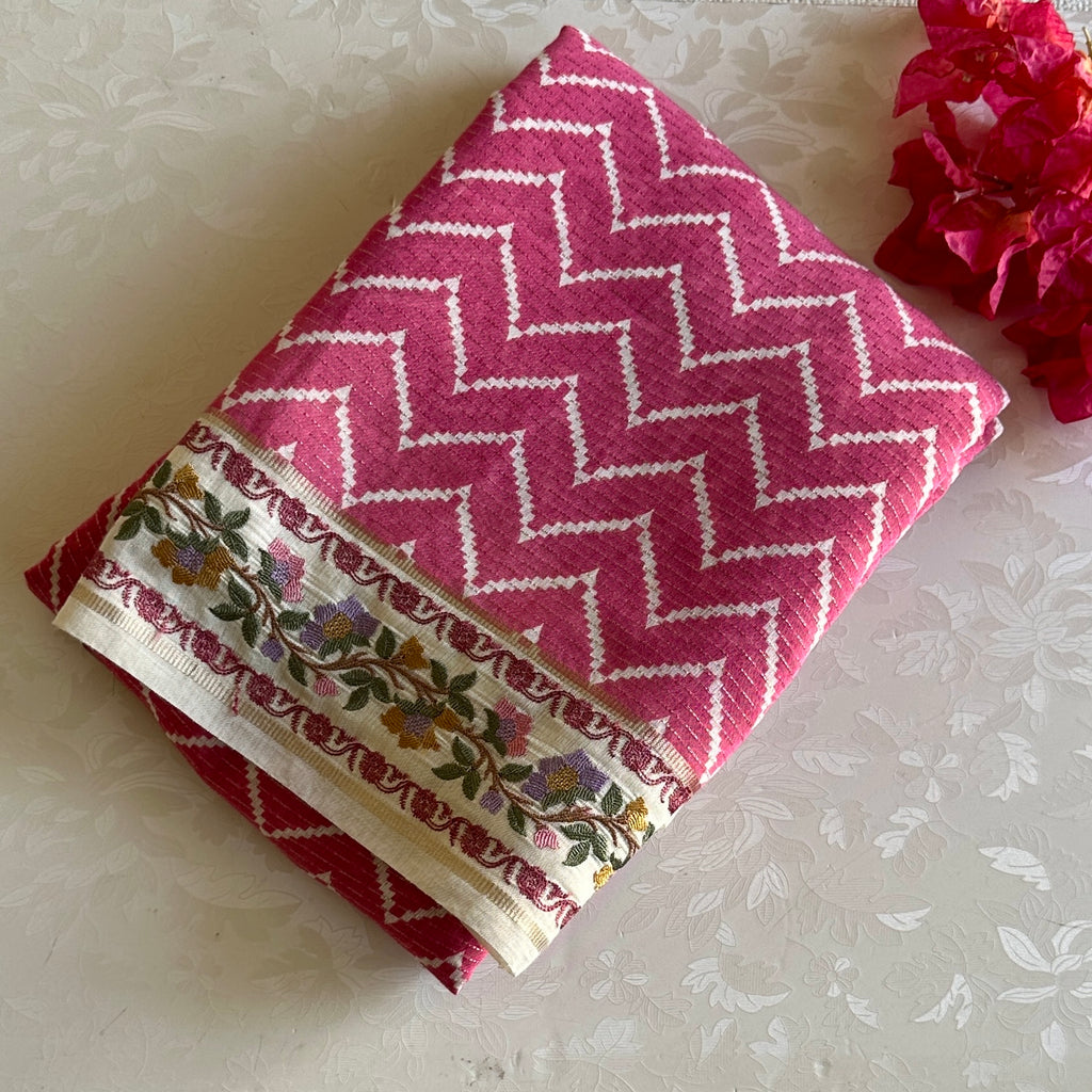 Rani Pink Soft Tussar Silk Saree With Ivory Cream Pallu Embroidered Borders
