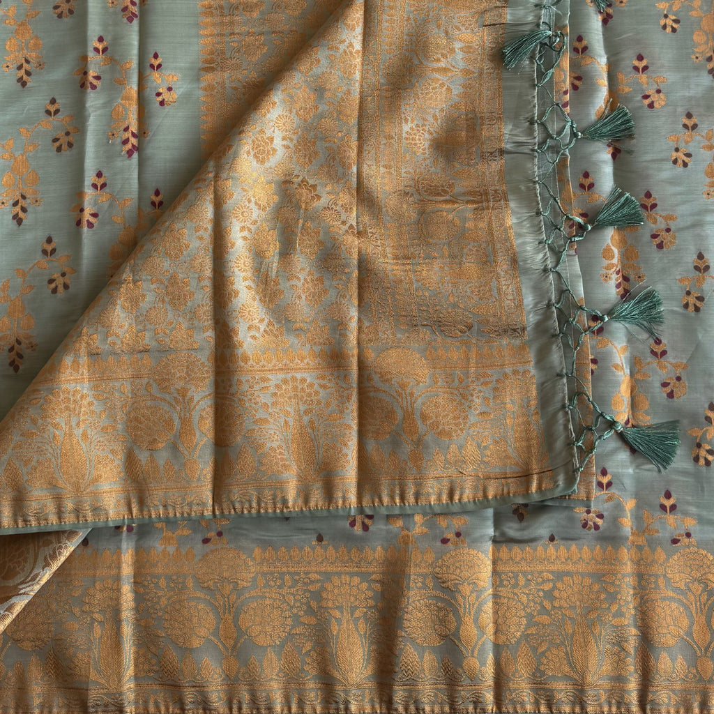 Sage Green Silk Saree Gold Brocade Floral Tassel Pallu Traditional