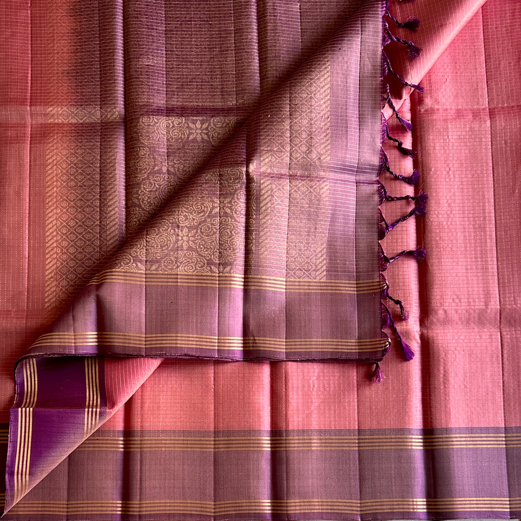 Coral Pink Luminous Saree Plum Purple Pallu Gold Zari Traditional