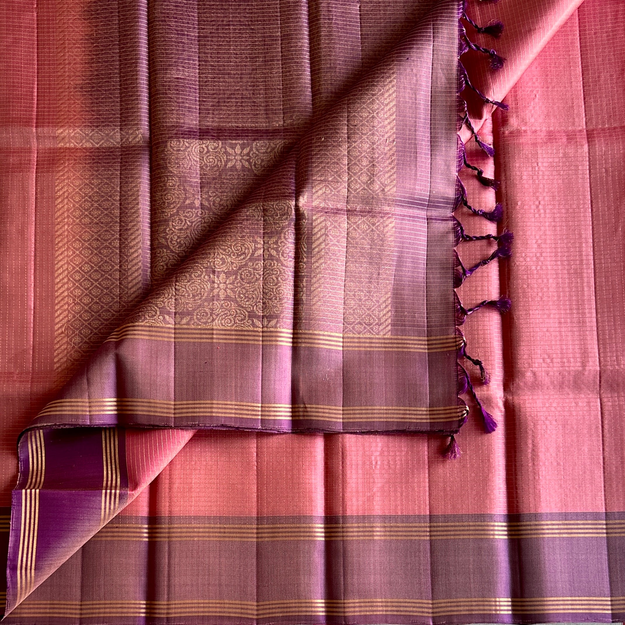 Coral Pink Luminous Saree Plum Purple Pallu Gold Zari Traditional
