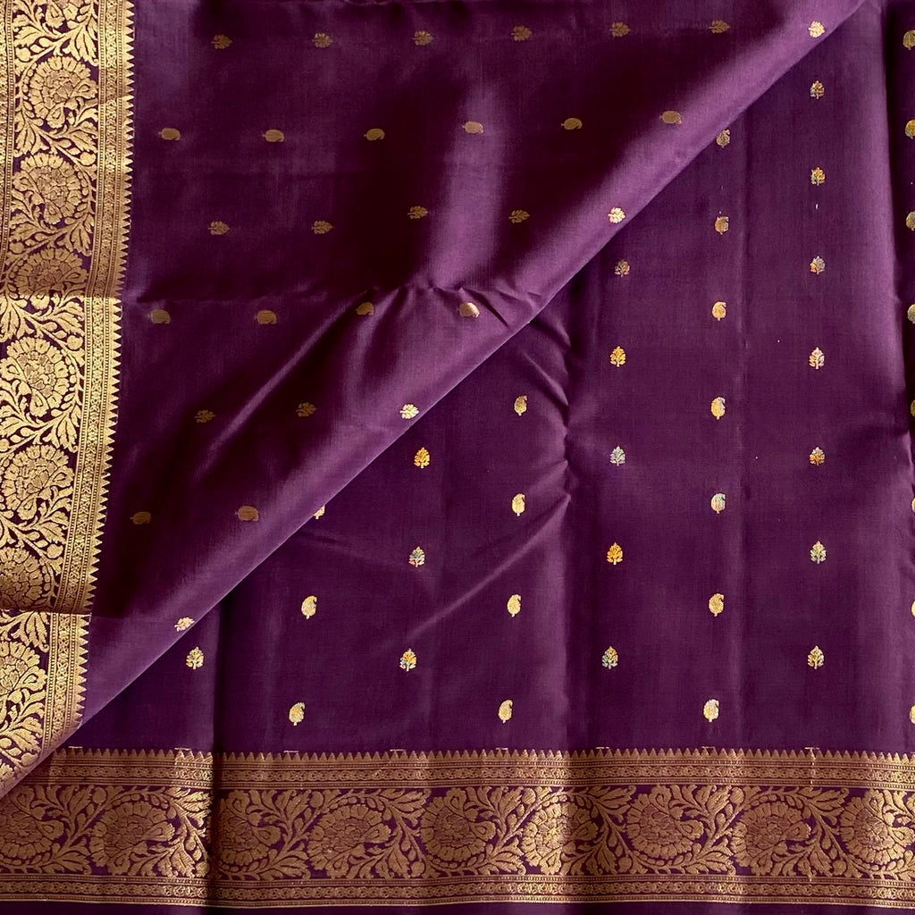 Deep Purple Designer Pure Silk Saree With Antique Gold Brocade Border
