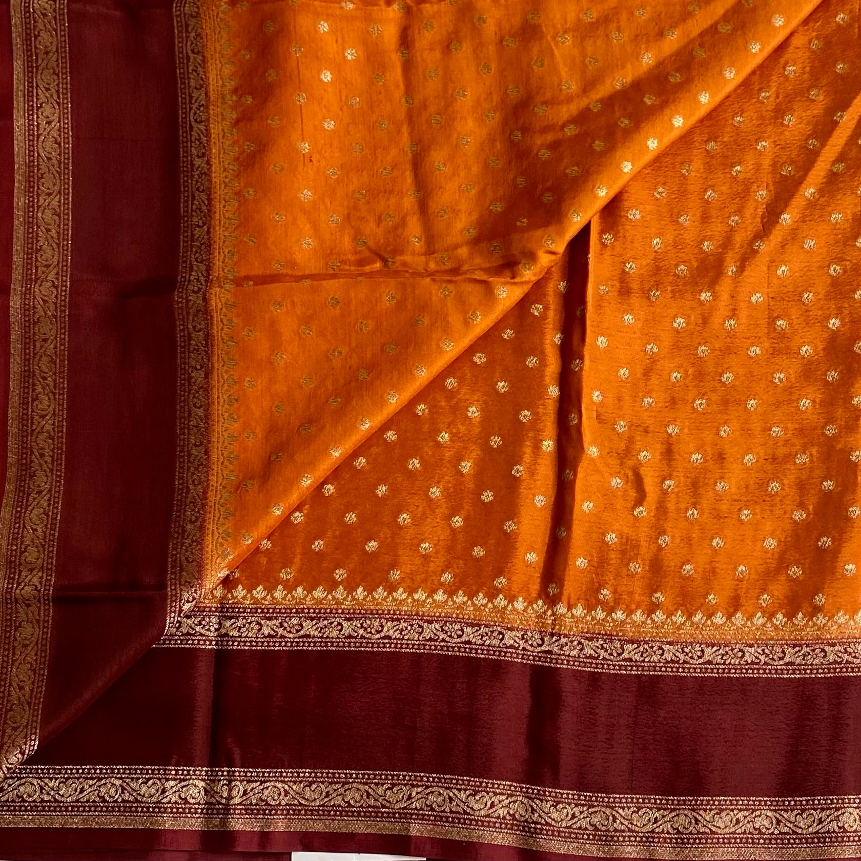 Classic Rust Banarasi Crepe Silk Saree With Deep Maroon Pallu