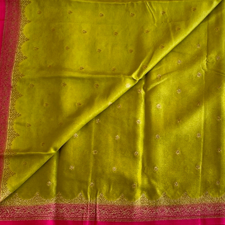 Olive Green Banarasi soft crêpe silk With Rani Pink Pallu