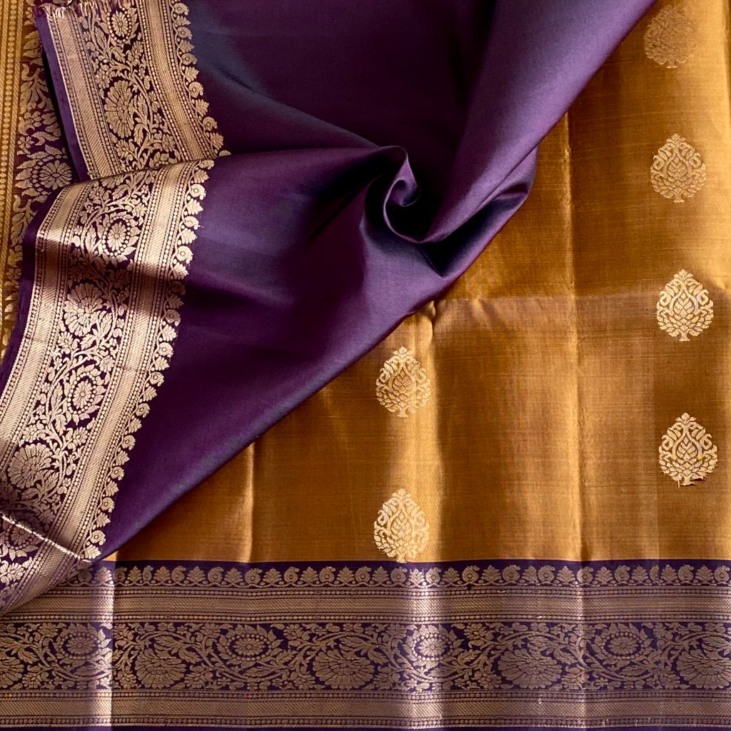 Antique Amber Gold Designer Pure Silk Saree With Royal Purple Pallu