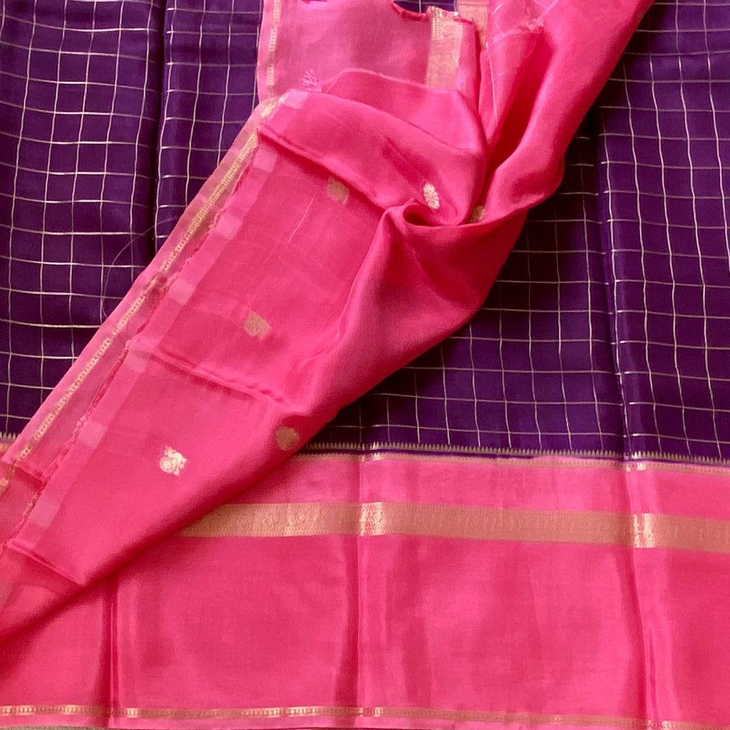 Royal Purple Fuchsia Lustrous soft crepe Gold Zari Checked Border Traditional