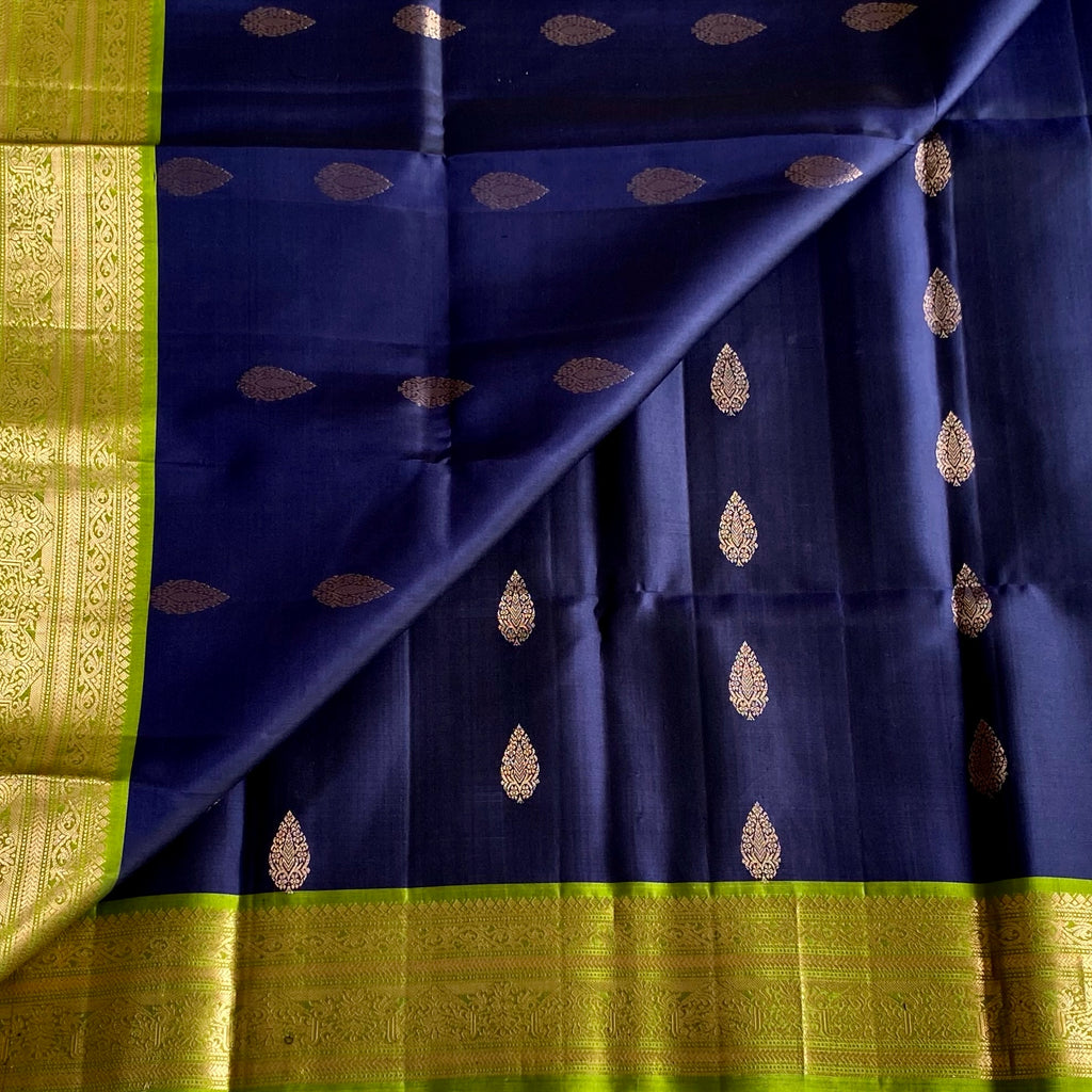Deep Navy Blue Designer Pure Silk Saree With Lime Green Pallu