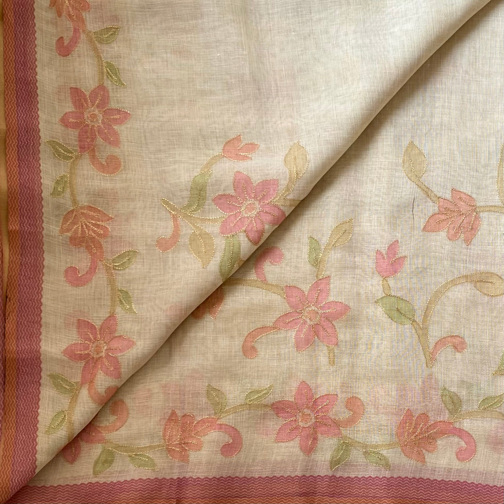 Ecru Linen Saree Dusky Pink Floral Gold Zari embroidered soft linen stunner